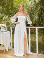 Off shoulder mermaid wedding dress with side slit, lace sleeves, perfect for outdoor weddings in white.