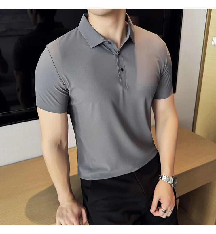 Men Ice Silk Polo Shirt Brown Top