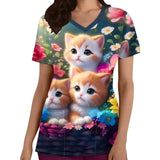 Cartoon cat print short sleeve vet scrubs, featuring adorable kittens and floral design, ideal for female nurses and medical staff.