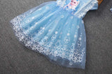 Blue girls summer flying sleeve dress with lace details and cartoon pattern, perfect for casual wear.