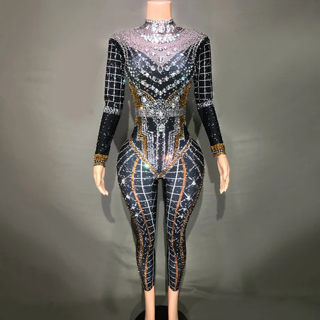 Rhinestone jumpsuit for women, perfect stage outfit for dancers and performers, featuring elegant knit and dazzling rhinestone design.