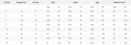 Size chart for bridesmaid evening gown, including US, UK, and Europe sizes and measurements for bust, waist, hips, and hollow to floor.