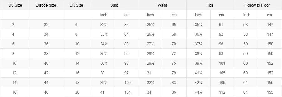 Size chart for bridesmaid dresses showing US, Europe, and UK sizes with bust, waist, hips, and hollow to floor measurements.
