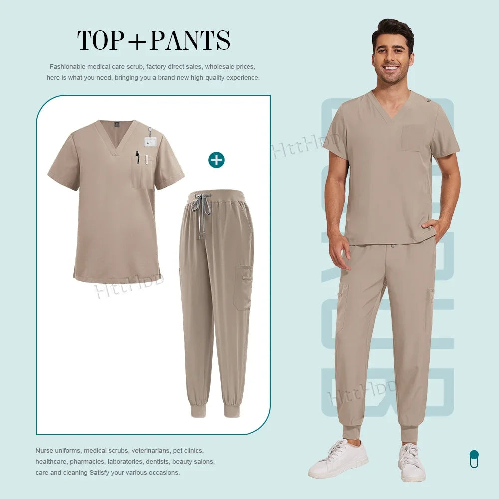 Unisex nurse surgical scrub suit jogger set in beige, featuring a breathable top and pants with pockets, stylish and practical for healthcare.