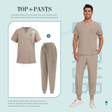 Unisex nurse surgical scrub suit jogger set in beige, featuring a breathable top and pants with pockets, stylish and practical for healthcare.