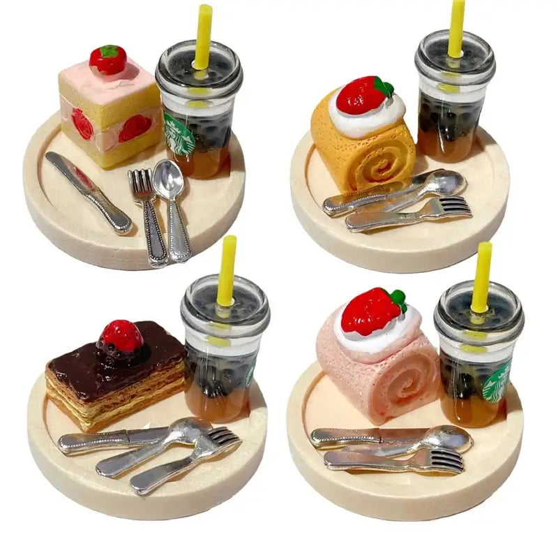 Colorful miniature dessert display with cakes and drinks, perfect for dollhouse or photography props.