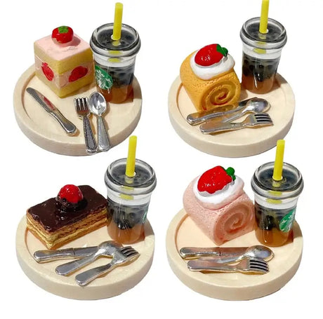 Colorful miniature dessert display with cakes and drinks, perfect for dollhouse or photography props.