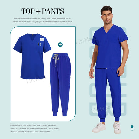 Unisex nurse surgical scrub suit jogger set in blue, featuring breathable fabric and comfortable fit for various professions.