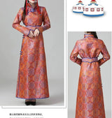 Mongolian ethnic women's traditional dress featuring vibrant patterns and full sleeves, showcasing cultural heritage.