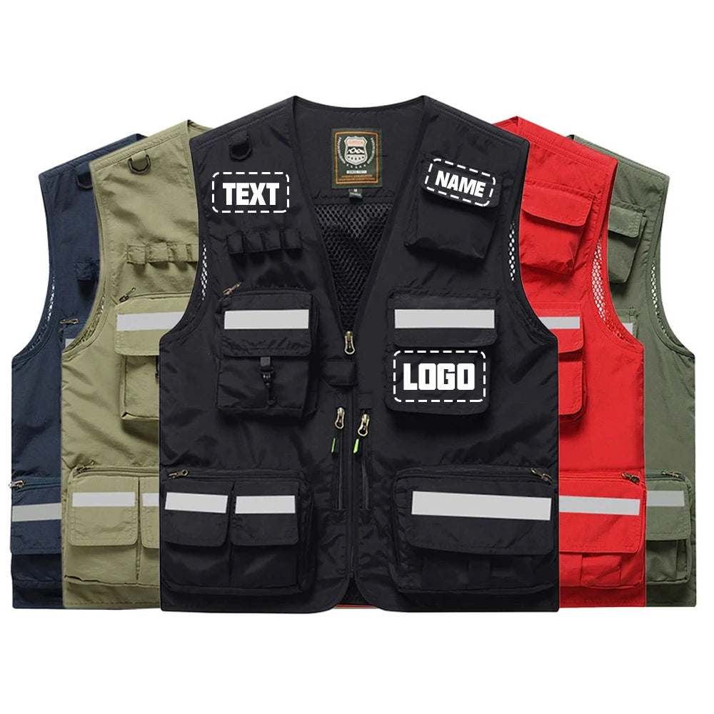Reflective utility vests in various colors, featuring customizable text and logos, ideal for work and safety.