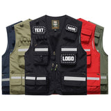 Reflective utility vests in various colors, featuring customizable text and logos, ideal for work and safety.