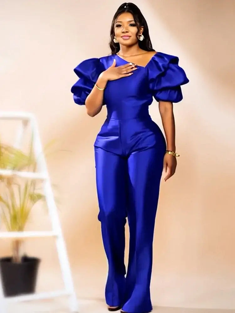 Women Satin Puff Sleeve Party Jumpsuit