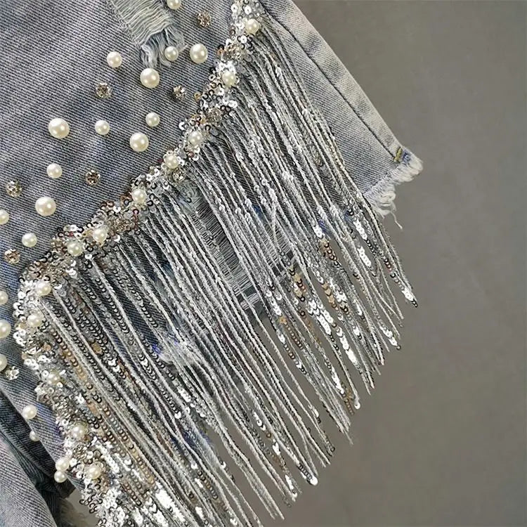 GlamBeads™ – Beaded Sequin Denim Shorts (Fringed, Broken Copper Style)