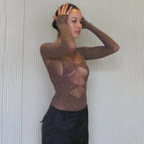 Women's Knitted Rhinestone Long Sleeve Bodysuit – Sexy Y2K Outfit