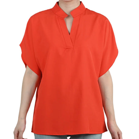 FlareFemme™ V-Neck Summer Blouse in bright orange, featuring short flare sleeves and a loose elegant fit for midlife women.