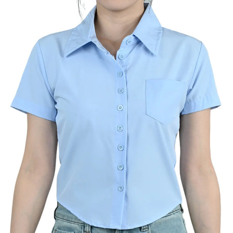 Short sleeve light blue slim fit professional shirt for women with turn-down collar and chest pocket.