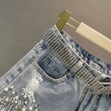 GlamBeads™ – Beaded Sequin Denim Shorts (Fringed, Broken Copper Style)