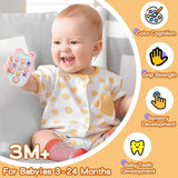 Happy baby smiling with colorful toy remote, promoting sensory and grip strength development for ages 3-24 months.