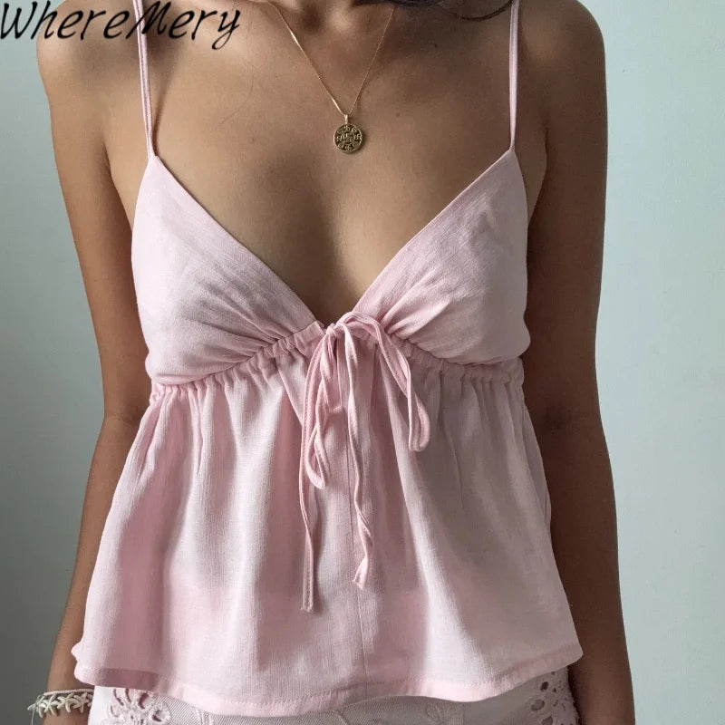 Off Shoulder V‑Neck Pink Crop Tank Top