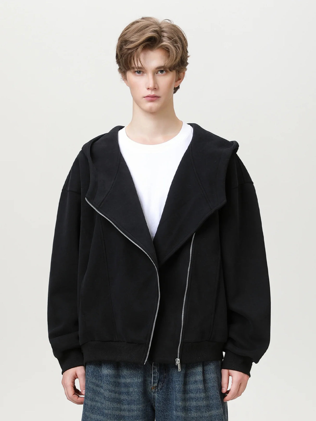 Slant Zipper Hooded Cardigan Jacket