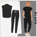 Women's black medical workwear set featuring a short-sleeve top and jogger pants, ideal for beauty salons and healthcare professionals.