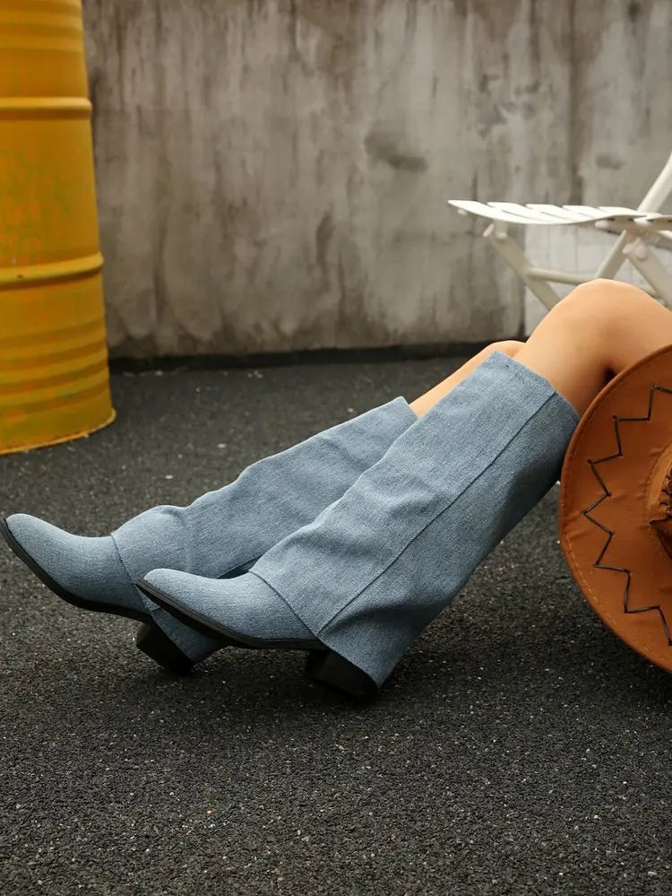 Women’s Knee High Cowboy Denim Boots 2025