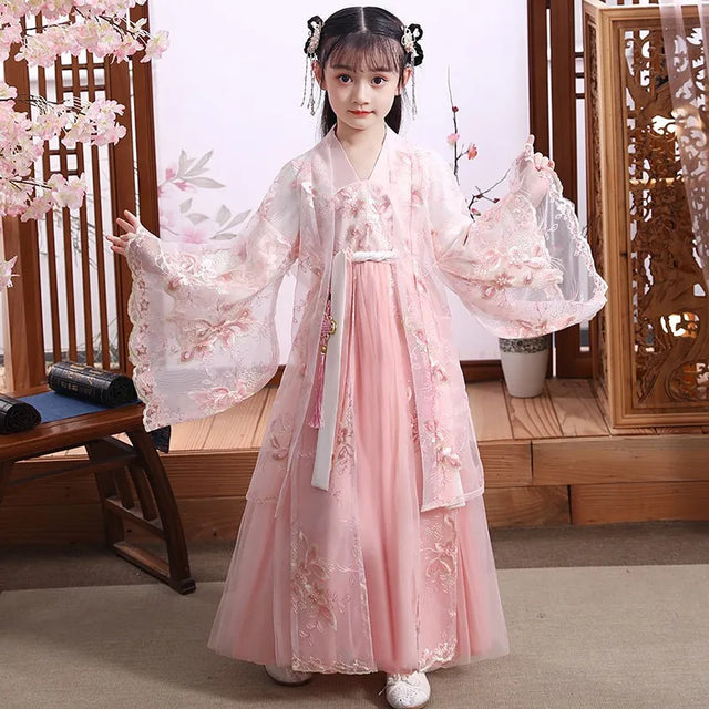 Modern fairy hanfu dress for girls, featuring intricate floral designs and flowing sleeves, perfect for cosplay.
