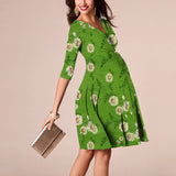 Fashion nursing maternity dress in green floral print, perfect for summer breastfeeding and stylish comfort.
