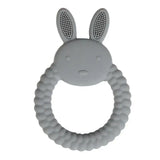 Soft silicone baby teether glove in rabbit design, safe for infants to relieve teething pain.