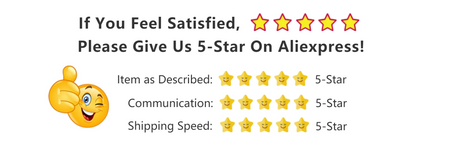 Customer satisfaction request graphic with 5-star ratings for item description, communication, and shipping speed.