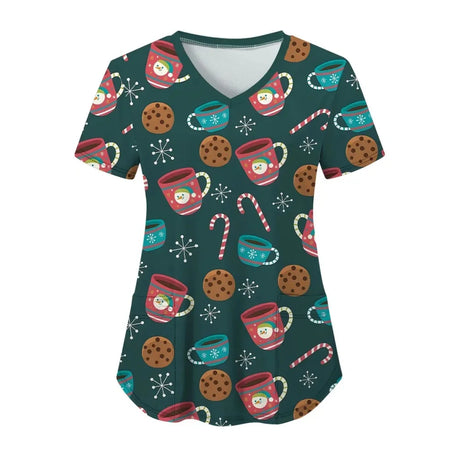 Christmas cartoon nurse scrubs with fun holiday designs featuring mugs, cookies, and candy canes, perfect for medical uniforms.