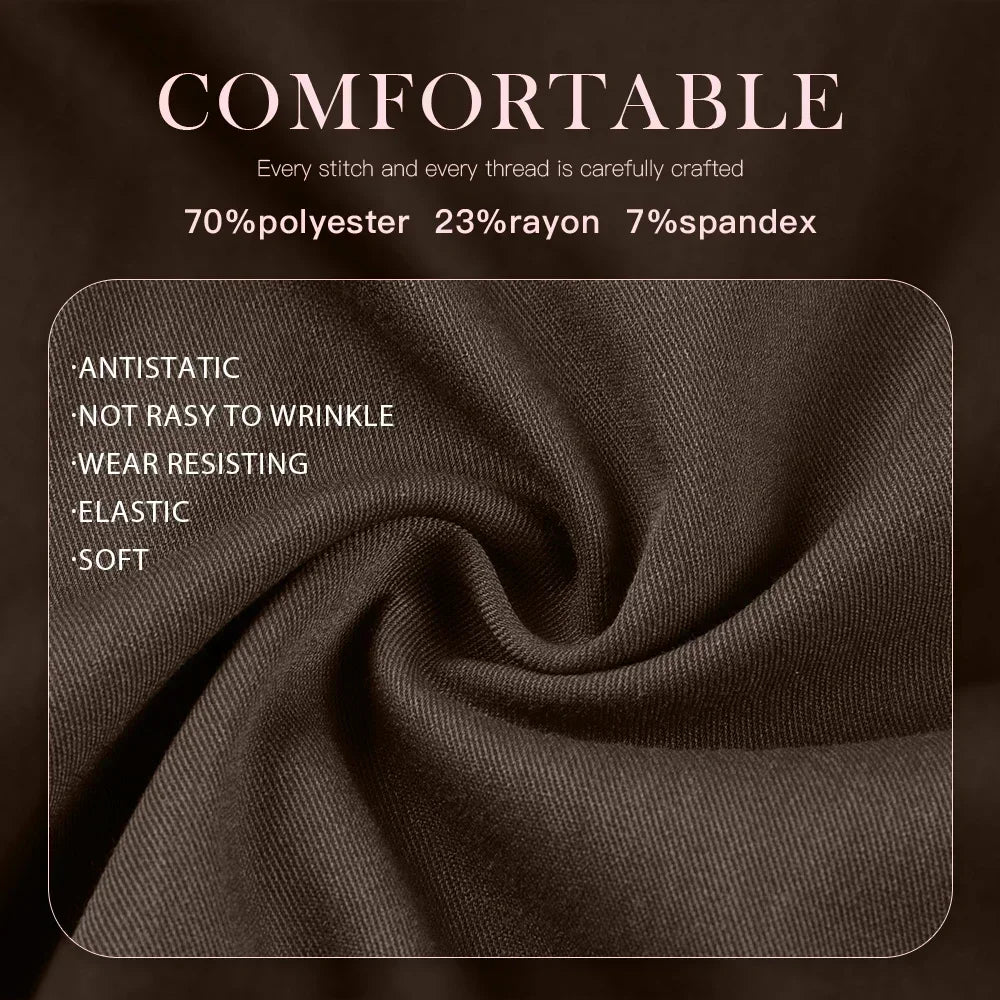 Close-up of soft, comfortable fabric with 70% polyester, 23% rayon, and 7% spandex; features anti-static, elastic qualities.