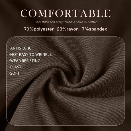 Close-up of soft, comfortable fabric with 70% polyester, 23% rayon, and 7% spandex; features anti-static, elastic qualities.