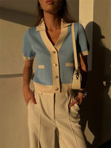 Tossy V-Neck Patchwork Knit Cardigan