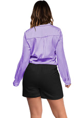 Women Long Sleeve Solid Patch Pocket Blouse