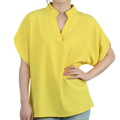 FlareFemme™ V-Neck yellow blouse with short flare sleeves for women, perfect for summer styling.