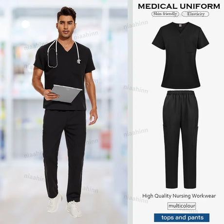 Black multicolor surgical gown and pant set for men, breathable, skin-friendly fabric, ideal for medical professionals.