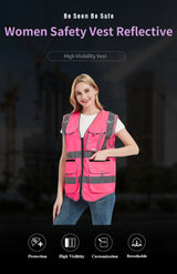 Women’s high visibility pink safety vest with reflective tape for protection in various work environments.