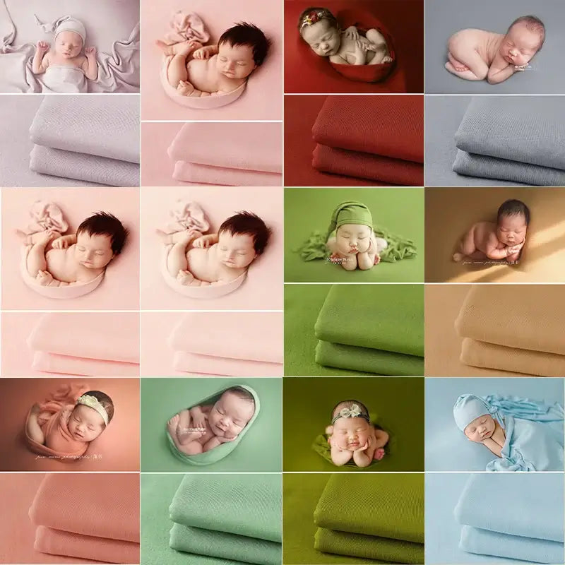 Collection of newborns wrapped in soft blankets, showcasing various colors and styles for photography accessories.