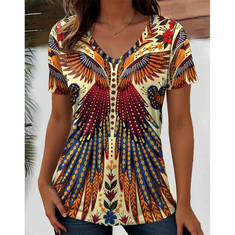 3D flower graphic V-neck tee for women, featuring bright colors and unique floral design, perfect for casual wear.