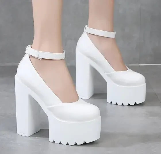 14cm Thick High Heel Pumps – Black PU 2025