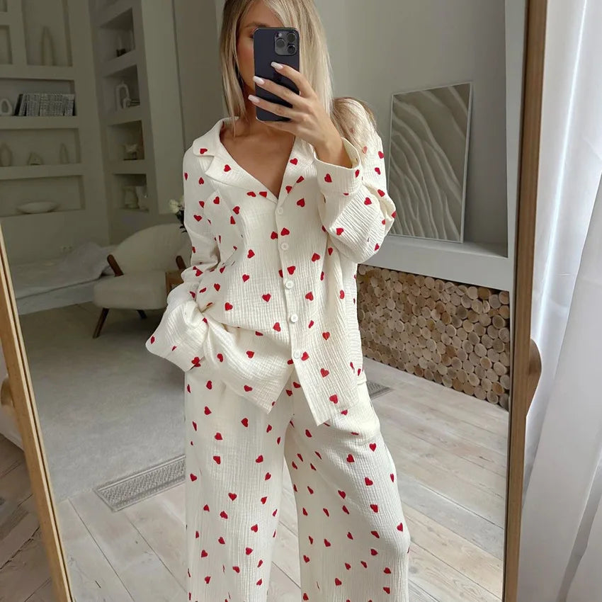 Women Cotton Pajama Set with Hearts