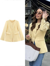 Elegant Yellow O-Neck Blazer Coat