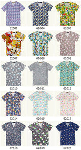 Colorful women's hospital nurse scrubs featuring floral and anime prints in various styles and designs.