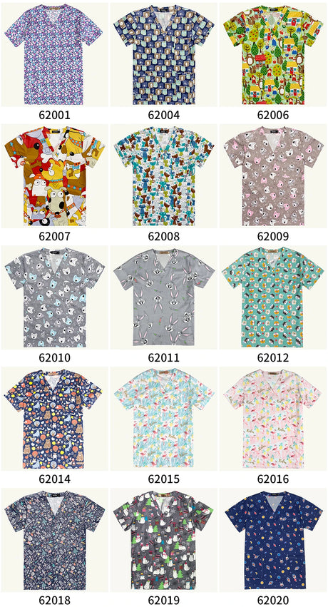 Colorful women's hospital nurse scrubs featuring floral and anime prints in various styles and designs.