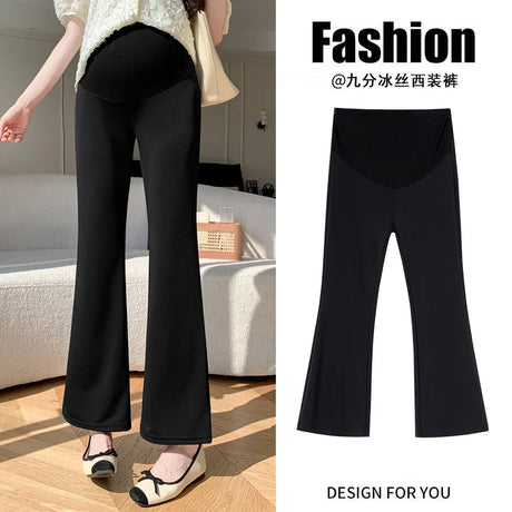 Y2K Bootcut Maternity Pants in Ice Silk, stylish black design for summer, perfect for expecting women, size M to 3XL.