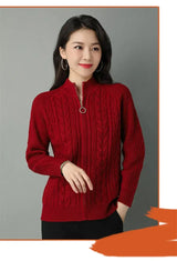 Women Zipper High Collar Knit Cardigan