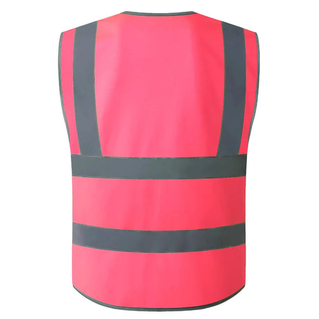 Hi-Vis pink safety vest with reflective stripes, multi-pocket design for work, suitable for various industries.