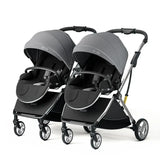 Twins baby stroller in gray featuring adjustable canopies and sturdy aluminum frame for ages 0-6 years.