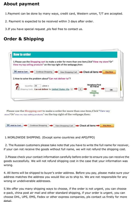 Order and shipping instructions for online payment and worldwide delivery.